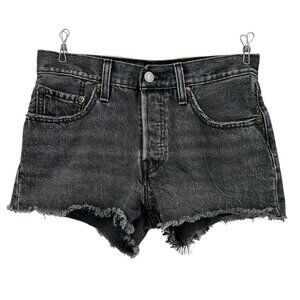 Levi's Womens 24 Shorts 501 Denim Jean Button Fly Black Raw Hem Cut Off